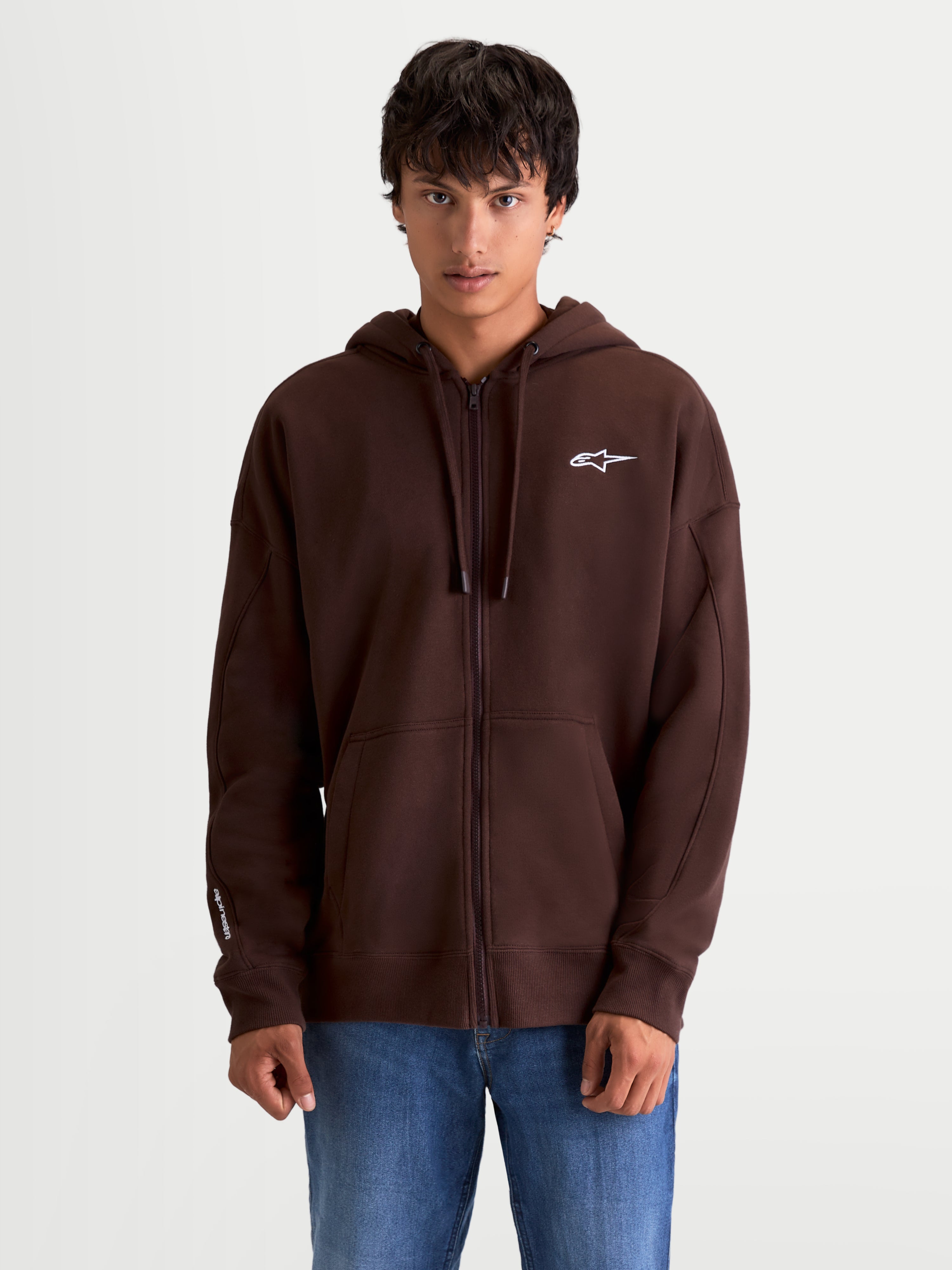 Alpinestars Entity Oversized Hoodie, Brown Sportswear Zip Fleece Hoodie, Unisex Casual Motorsport Apparel, Brown, Recycled Cotton Blend with Vislon Zipper, Kangaroo Pocket, and White Astars Logo Embroidery, Shown on Model.