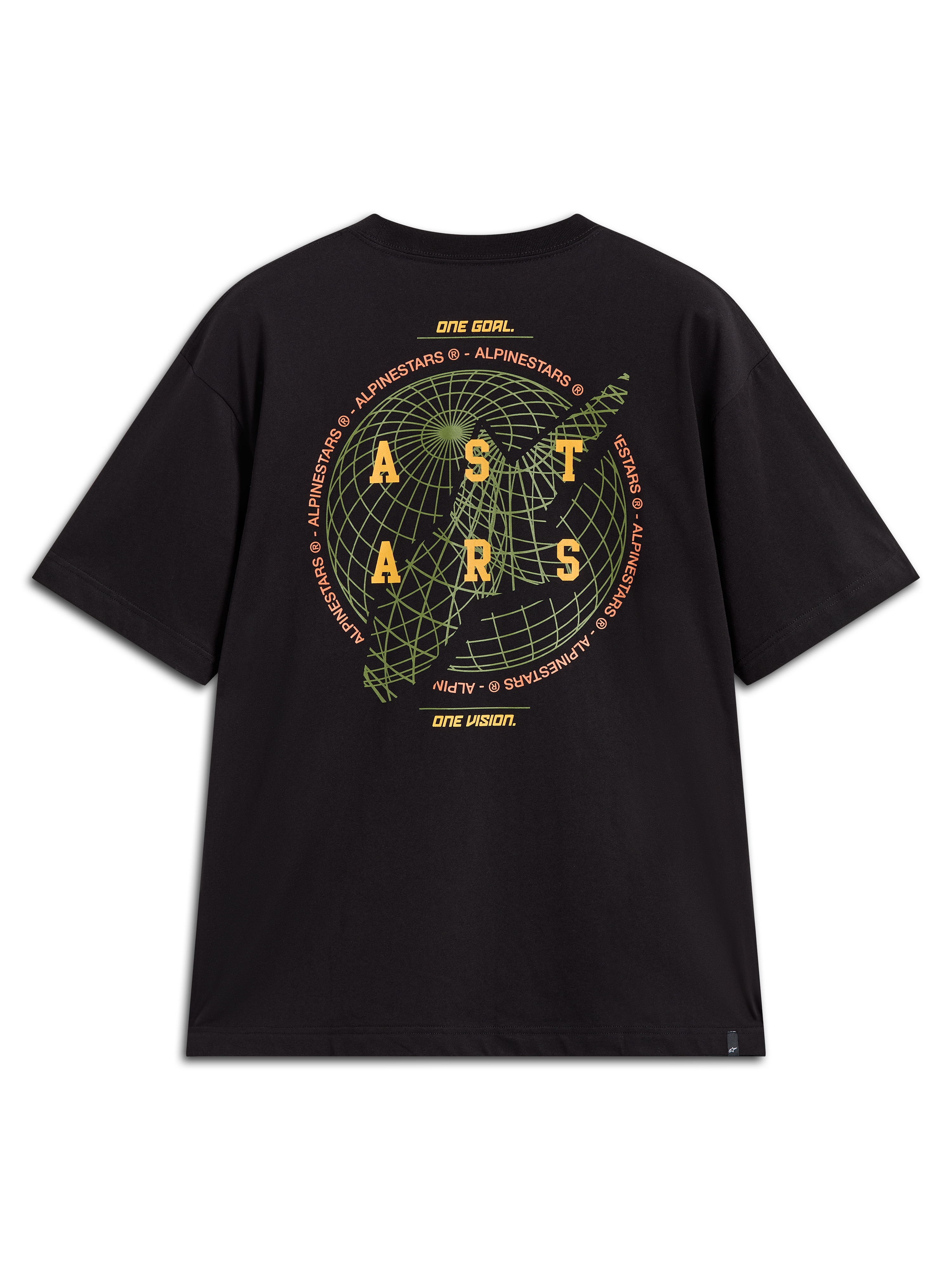 Alpinestars Latitude Oversized CSF Tee, Black shirt with green globe and yellow ASTARS logo back graphic and brand motto.