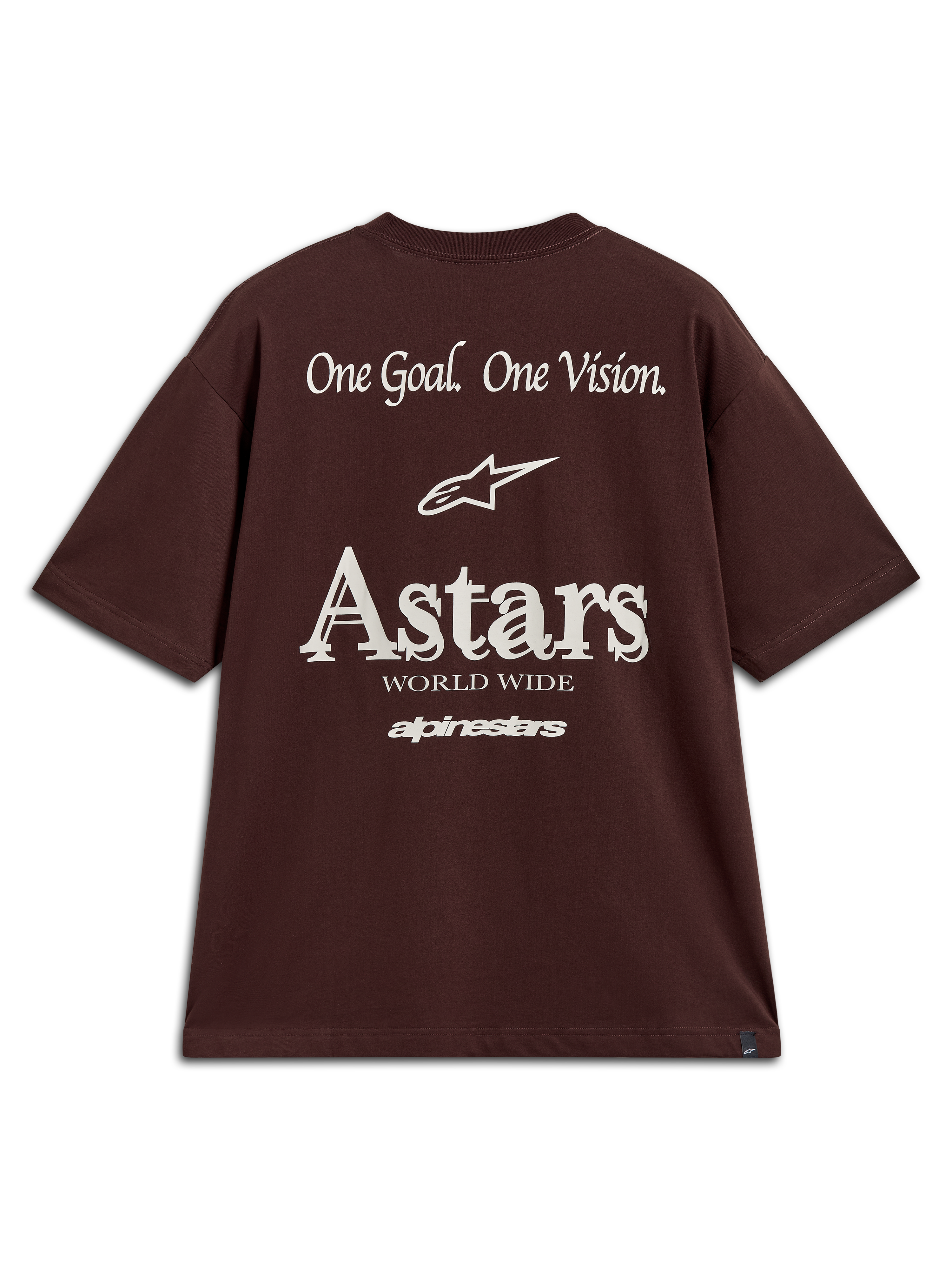 Alpinestars Post Oversized CSF Tee, dark brown short sleeve sportswear t-shirt with white Astars logo and One Goal One Vision back graphics.