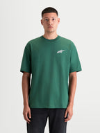 Alpinestars Checkback Oversized CSF Tee, Men's Short Sleeve Sportswear T-shirt, Green with White Astars Logo, Relaxed Oversized Fit, Cotton-Poly Blend Construction, Casual Motorsport Lifestyle Apparel