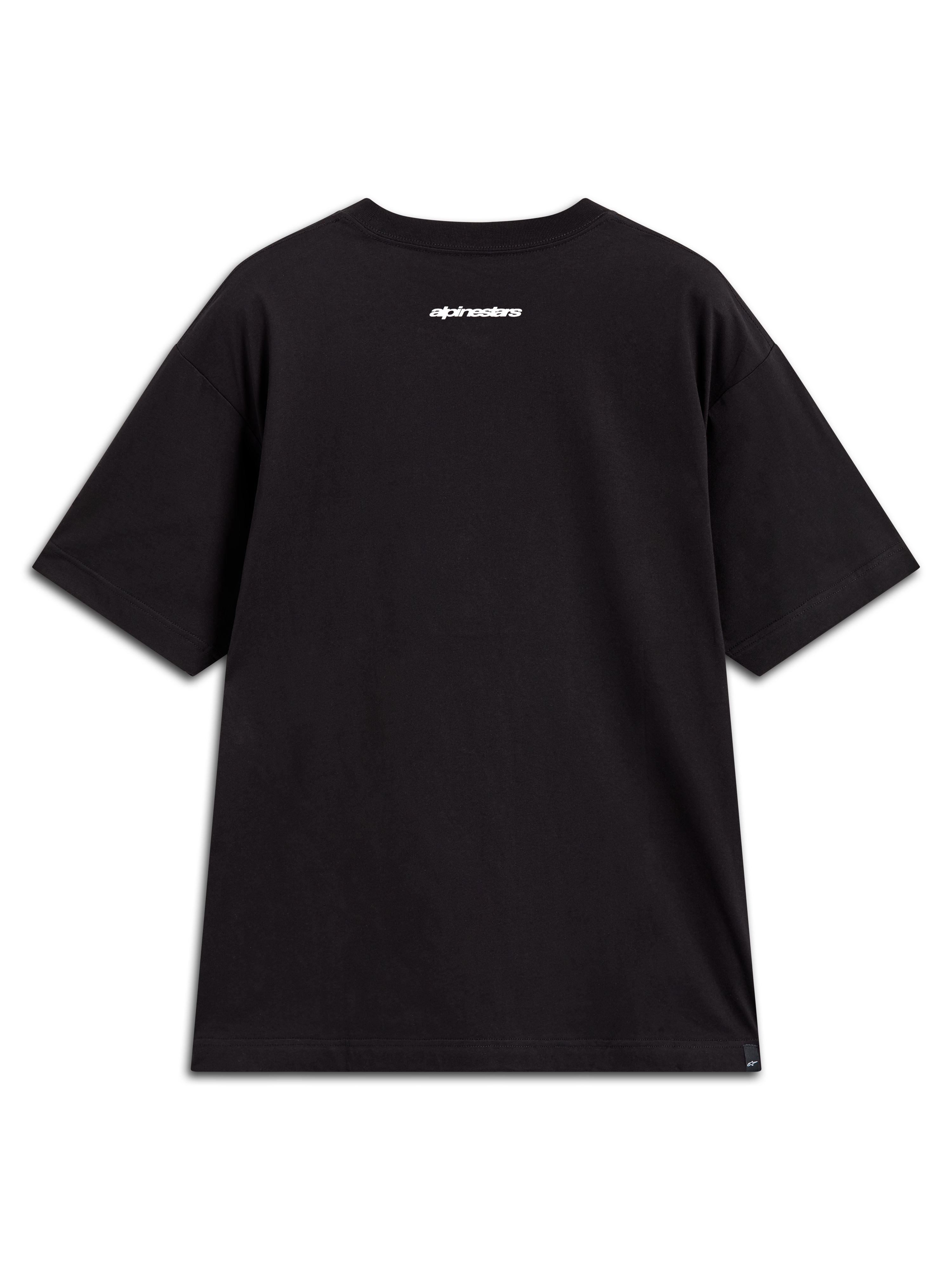 Alpinestars Prelude Oversized CSF Tee, black short sleeve shirt with a white wordmark graphic on the back, relaxed sportswear.