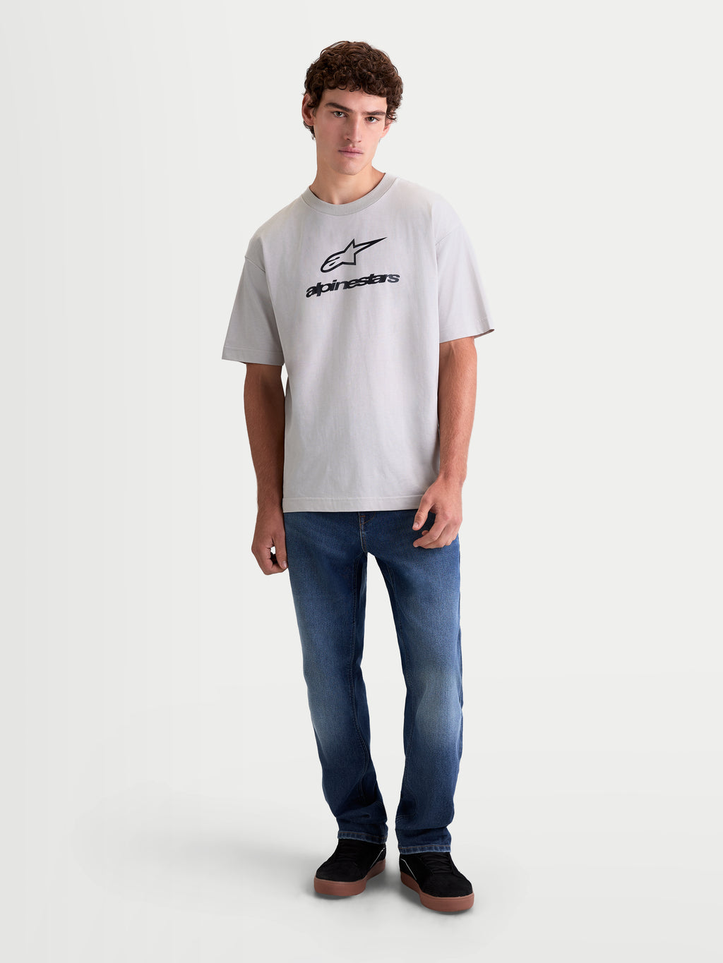 Alpinestars Prelude Oversized CSF Tee, Men's Short Sleeve Sportswear T-Shirt, Cement Gray with Black Astars logo, relaxed fit cotton-poly blend for casual lifestyle and off-bike wear.