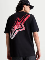 Alpinestars Meteor CSF Tee, Short Sleeve Sportswear T-Shirt, Black with large red and white MX-inspired gradient Astars logo on the back, premium cotton-poly blend, on-model view.