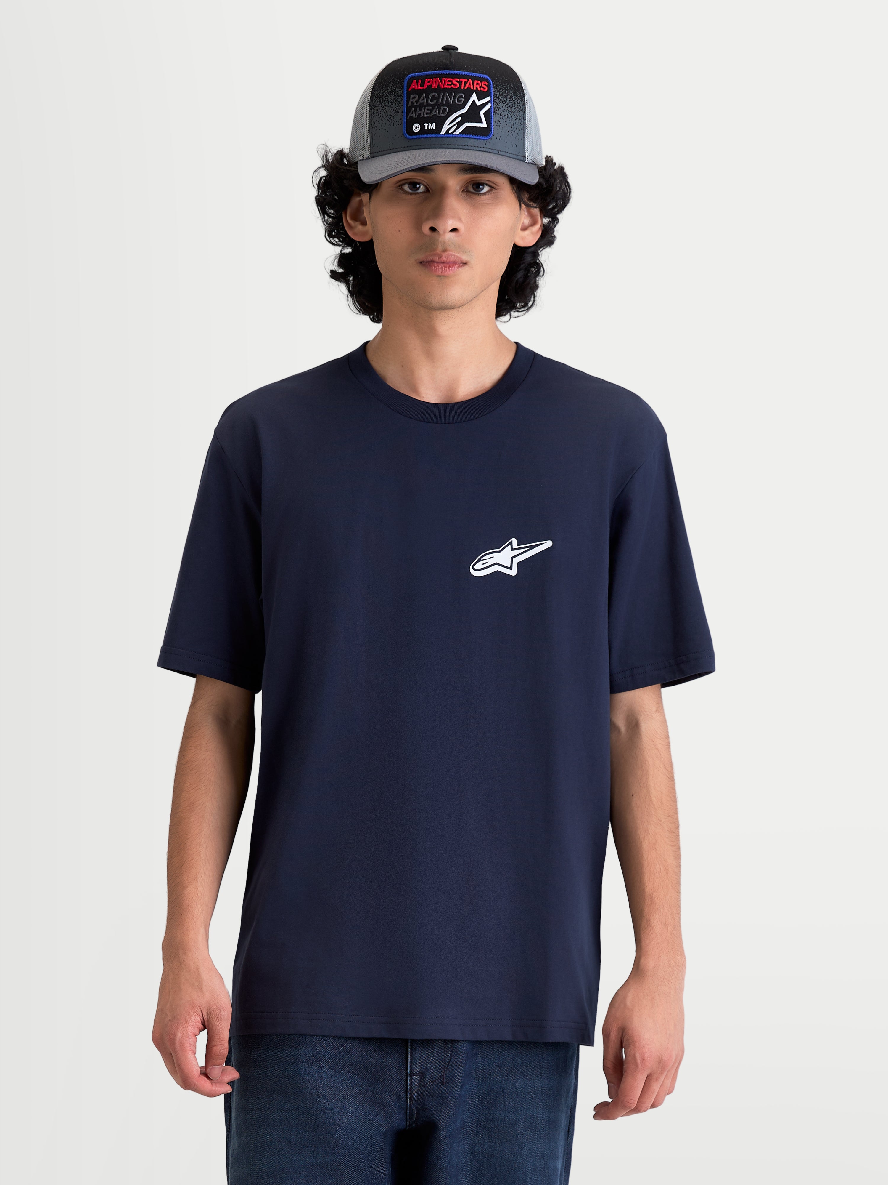 Alpinestars Meteor CSF Tee, Men's Casual Short Sleeve Sportswear T-shirt, Navy Blue, featuring a small white Alpinestars logo on the chest, on-model front view, soft cotton-poly blend fabric.