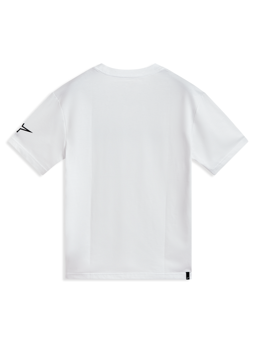 Alpinestars P1 CSF Tee, Short Sleeve Sportswear, White, Soft Cotton Blend, Back View with Black Sleeve Logo and Tag.