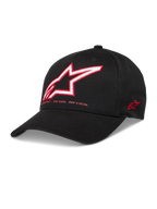 Alpinestars Lineout Hat, Black Sportswear Cap with Red and White Astars logo, featuring a curved bill and structured crown.