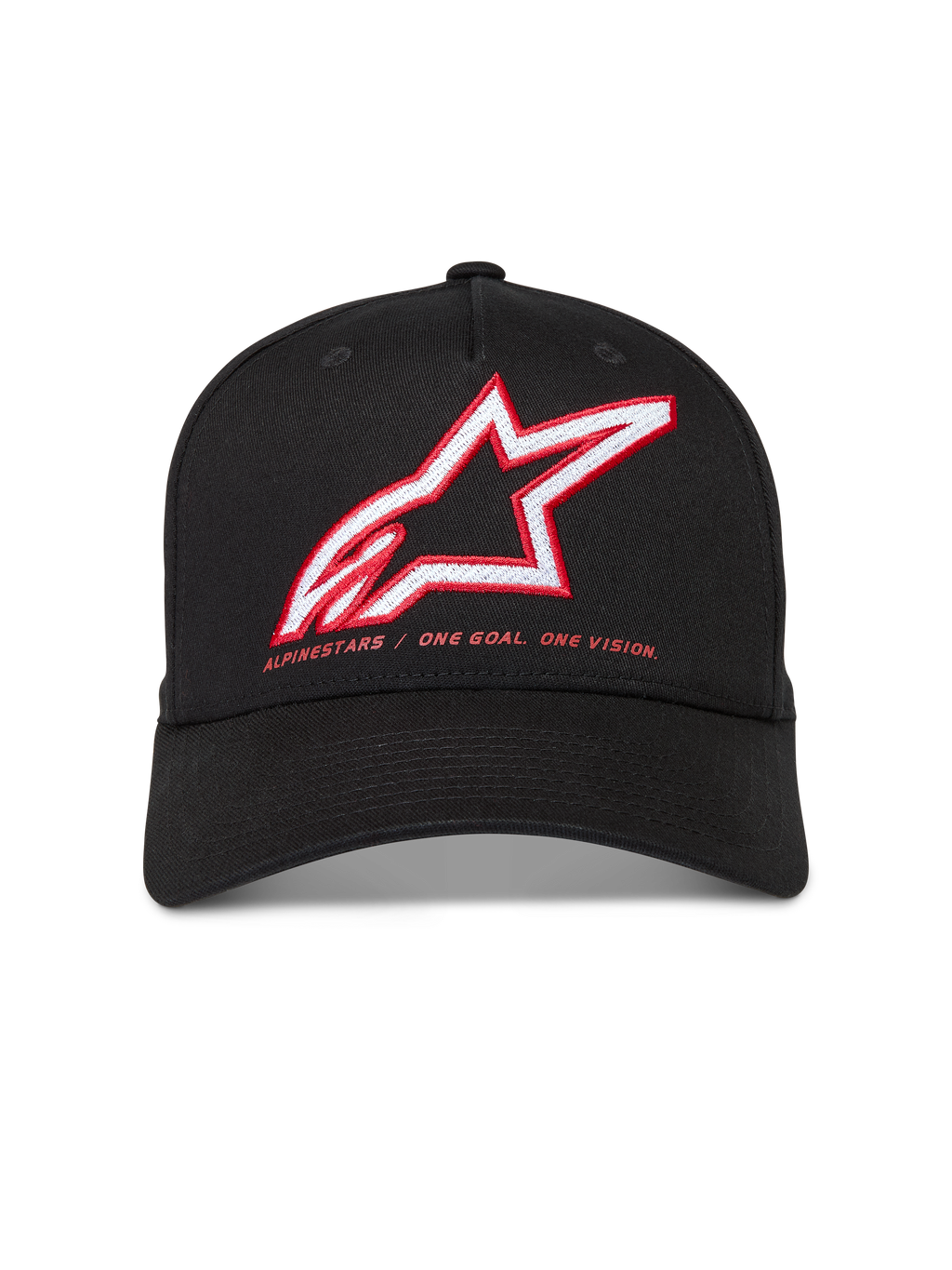 Alpinestars Lineout Hat, Black structured twill cap with curved bill, red and white embroidered Astars logo and brand motto.