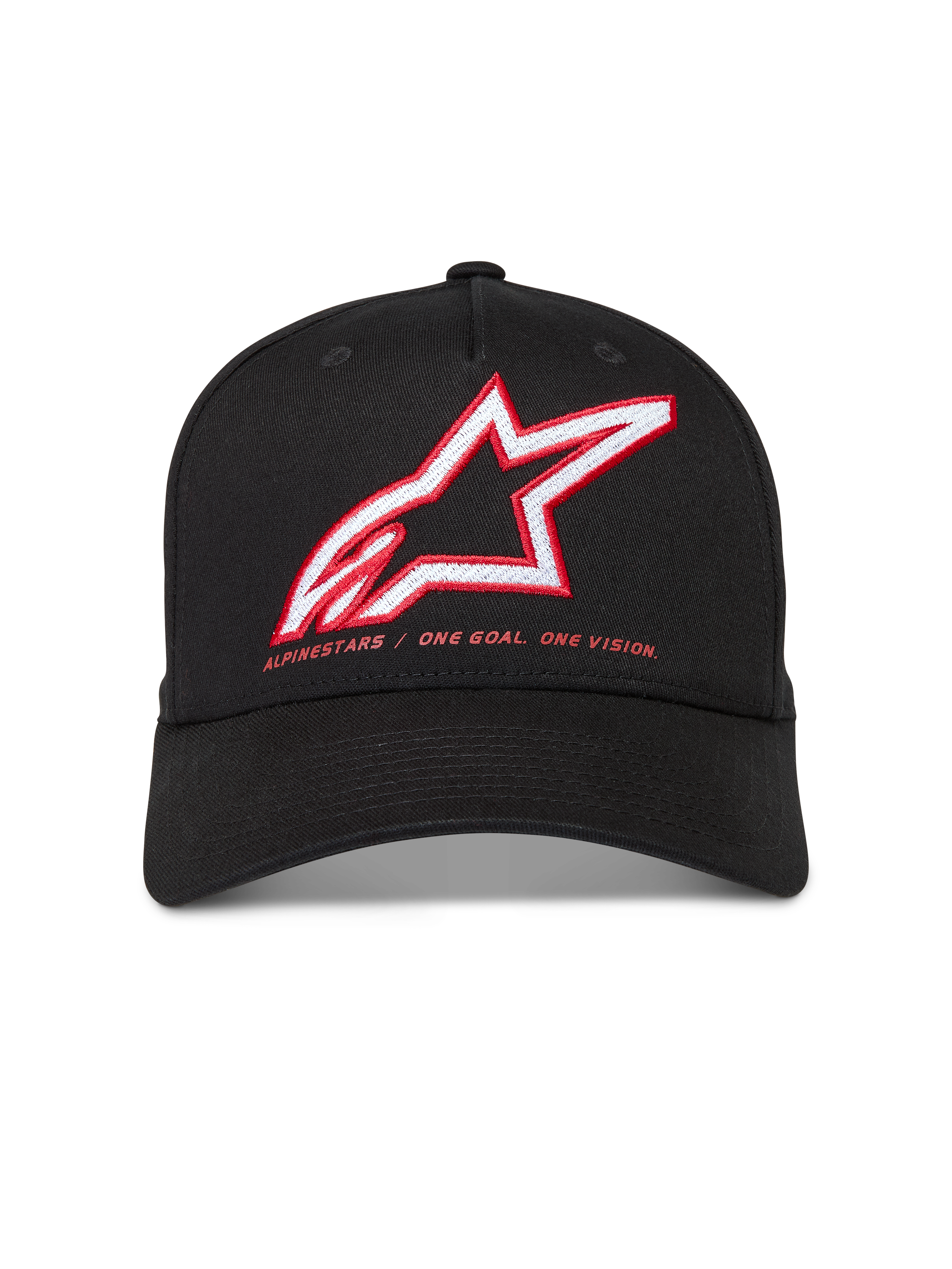 Alpinestars Lineout Hat, Black structured twill cap with curved bill, red and white embroidered Astars logo and brand motto.