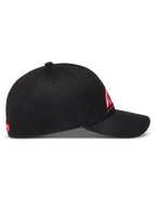 Alpinestars Lineout Hat, Black Curved Bill Sportswear Cap, Structured Crown, Red and White Logo Embroidery, Twill Fabric.