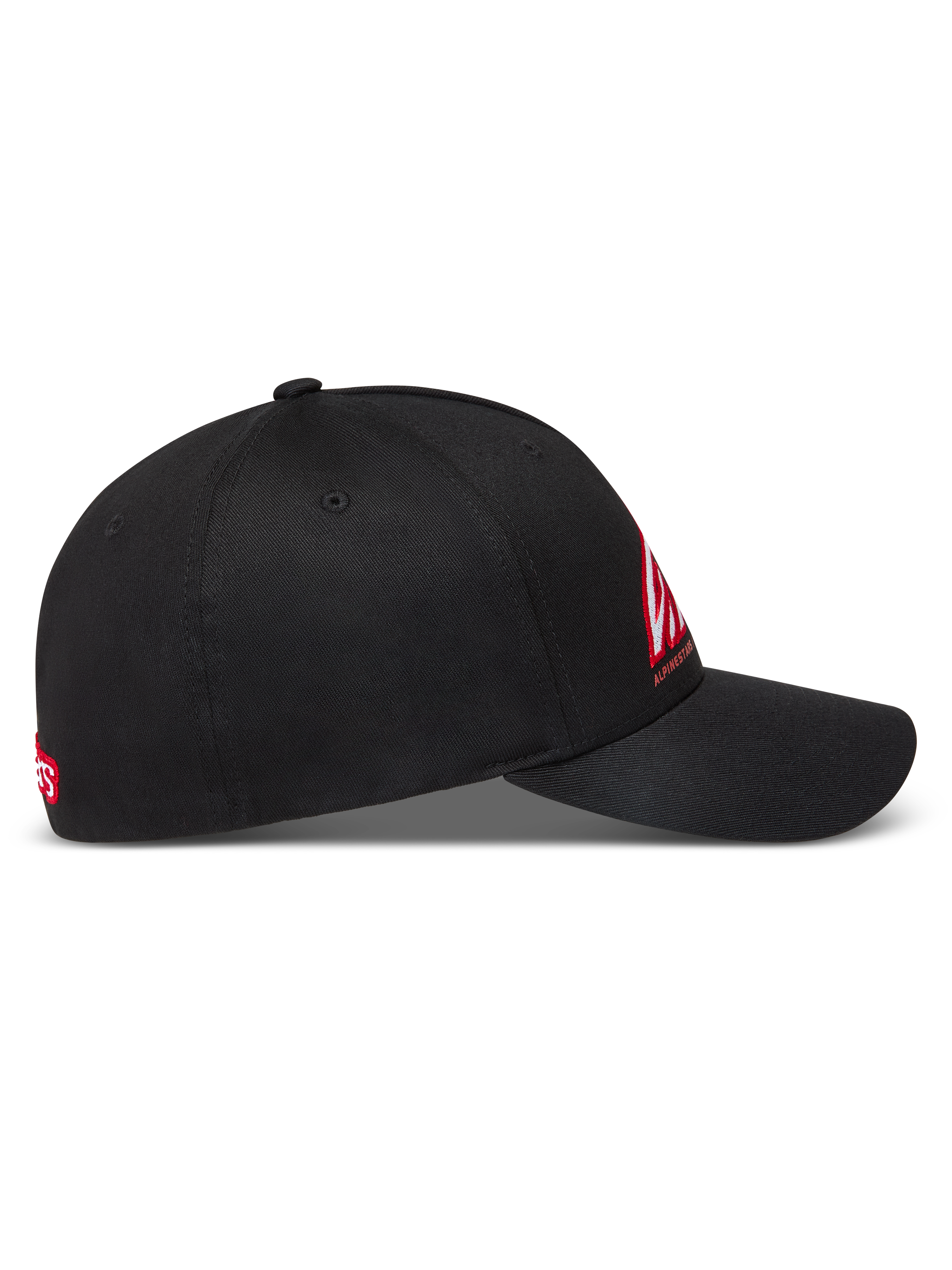 Alpinestars Lineout Hat, Black Curved Bill Sportswear Cap, Structured Crown, Red and White Logo Embroidery, Twill Fabric.