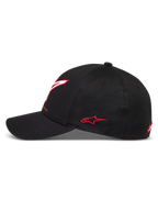 Alpinestars Lineout Hat, black twill motorsport cap with a curved bill and red embroidered logos.