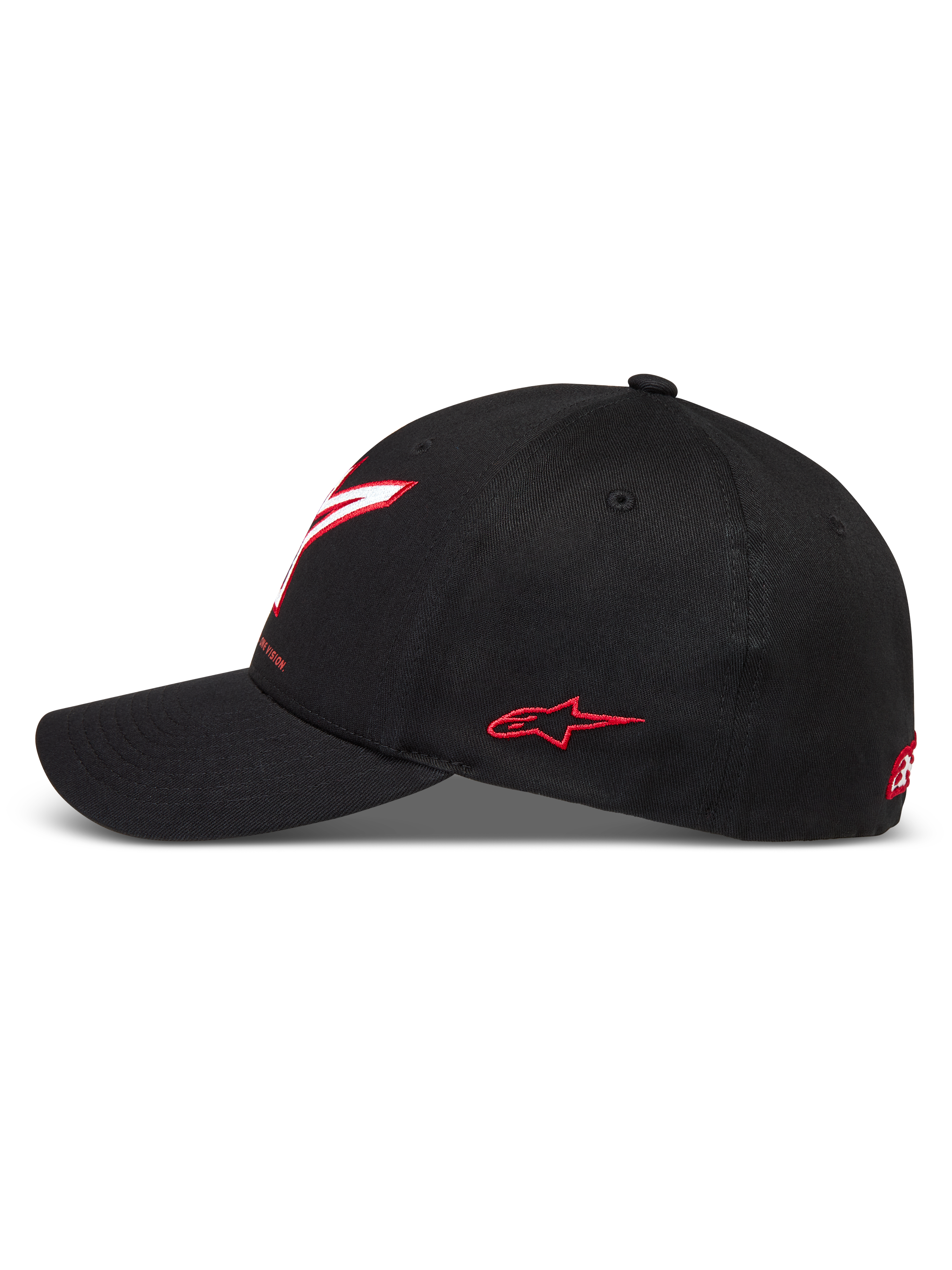 Alpinestars Lineout Hat, black twill motorsport cap with a curved bill and red embroidered logos.