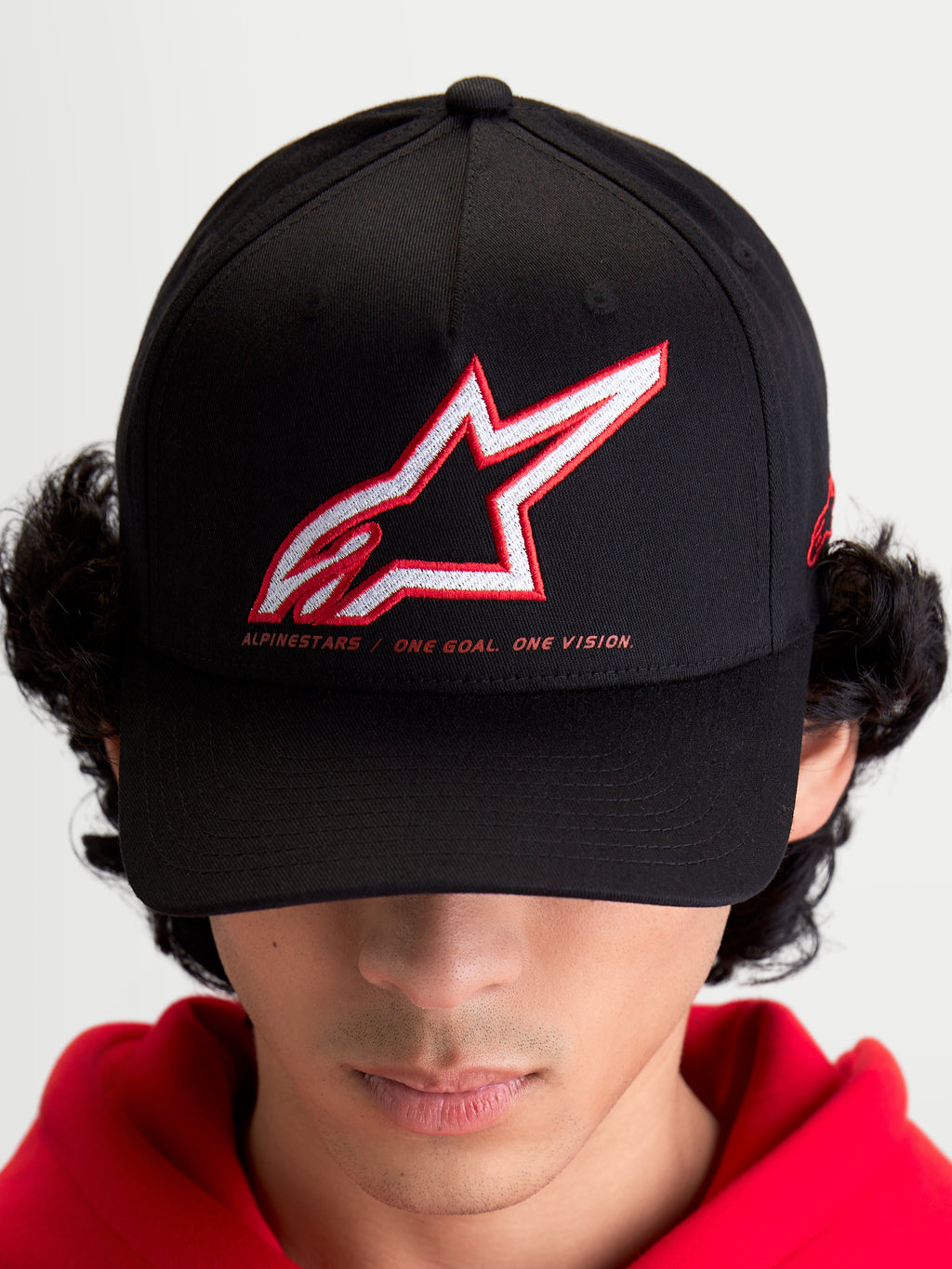 Alpinestars Lineout Hat, Sportswear Baseball Cap for Men and Women, Black with Red and White Embroidered Astars Logo and One Goal One Vision slogan, Curved Bill, Structured Crown, Textile Construction