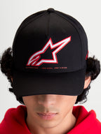 Alpinestars Lineout Hat, Sportswear Baseball Cap for Men and Women, Black with Red and White Embroidered Astars Logo and One Goal One Vision slogan, Curved Bill, Structured Crown, Textile Construction