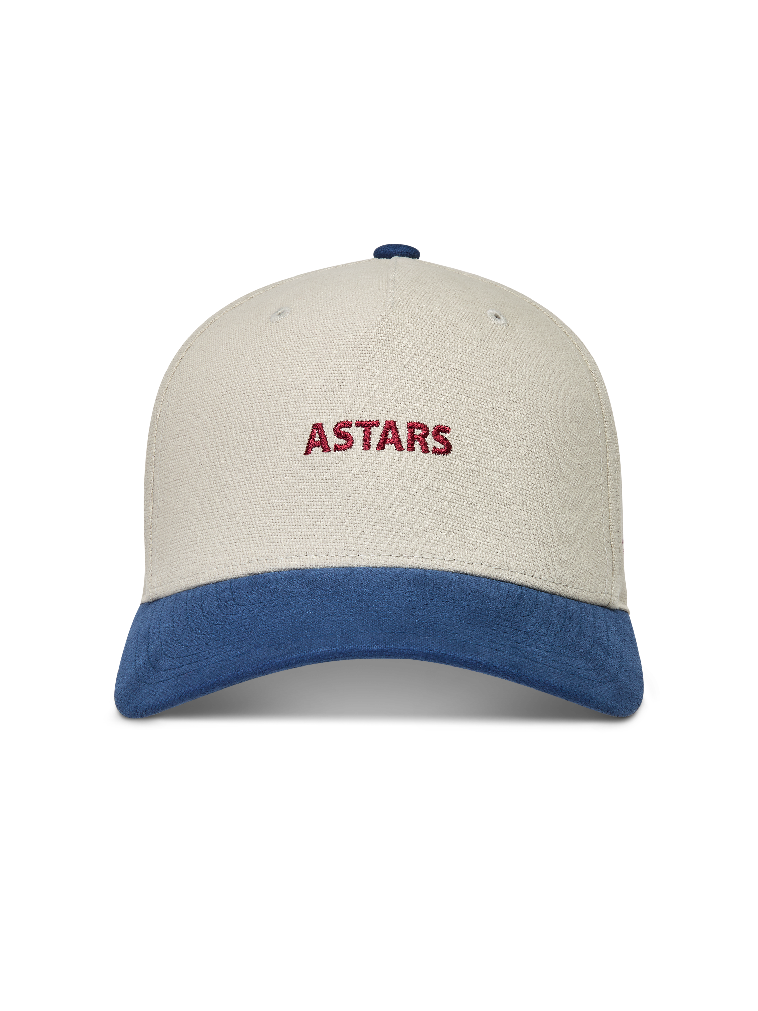 Alpinestars County Canvas Hat, sand and blue sportswear cap featuring a red embroidered logo and curved bill.