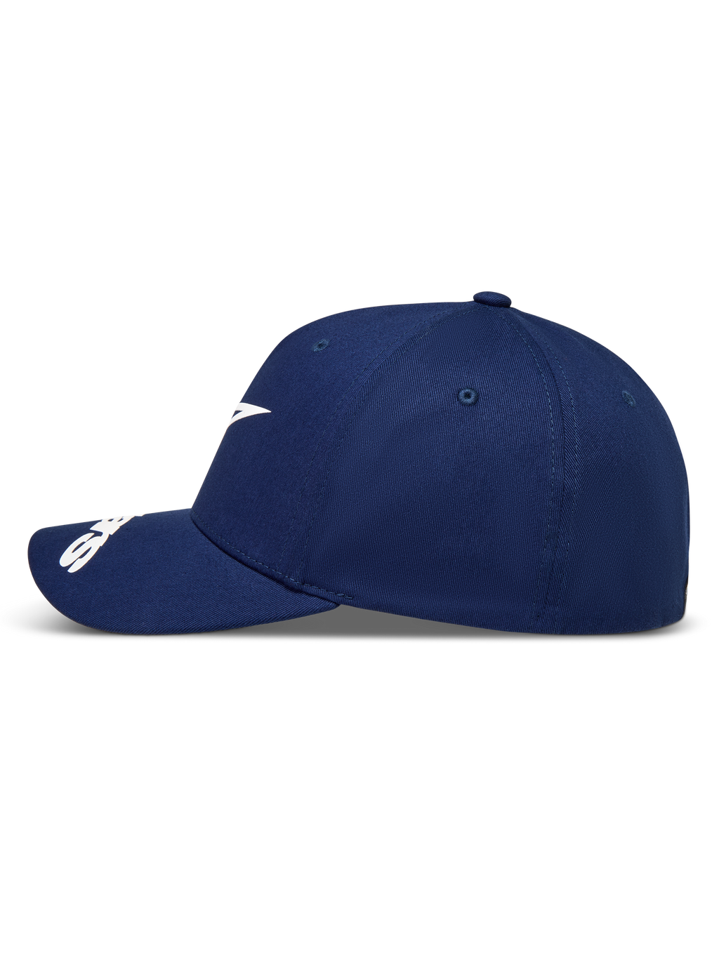 Alpinestars Arclight Hat, Navy Blue Sportswear Baseball Cap, Side Profile with White Logo and Curved Bill.