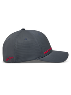 Alpinestars Points Hat, Dark Grey Sportswear Baseball Cap, side view with red HD print logos and durable nylon tactel fabric.