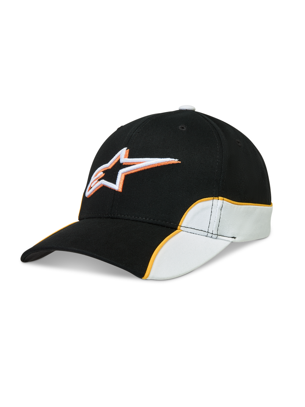 Alpinestars 500 Snapback Hat, Curved Bill Sportswear Baseball Cap, Black and White with Orange Piping, Structured Crown with 3D Astars Logo Embroidery, 100% Cotton Twill, Motorsport-Inspired Lifestyle Hat