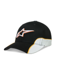 Alpinestars 500 Snapback Hat, Curved Bill Sportswear Baseball Cap, Black and White with Orange Piping, Structured Crown with 3D Astars Logo Embroidery, 100% Cotton Twill, Motorsport-Inspired Lifestyle Hat