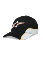 Alpinestars 500 Snapback Hat, Curved Bill Sportswear Baseball Cap, Black and White with Orange Piping, Structured Crown with 3D Astars Logo Embroidery, 100% Cotton Twill, Motorsport-Inspired Lifestyle Hat
