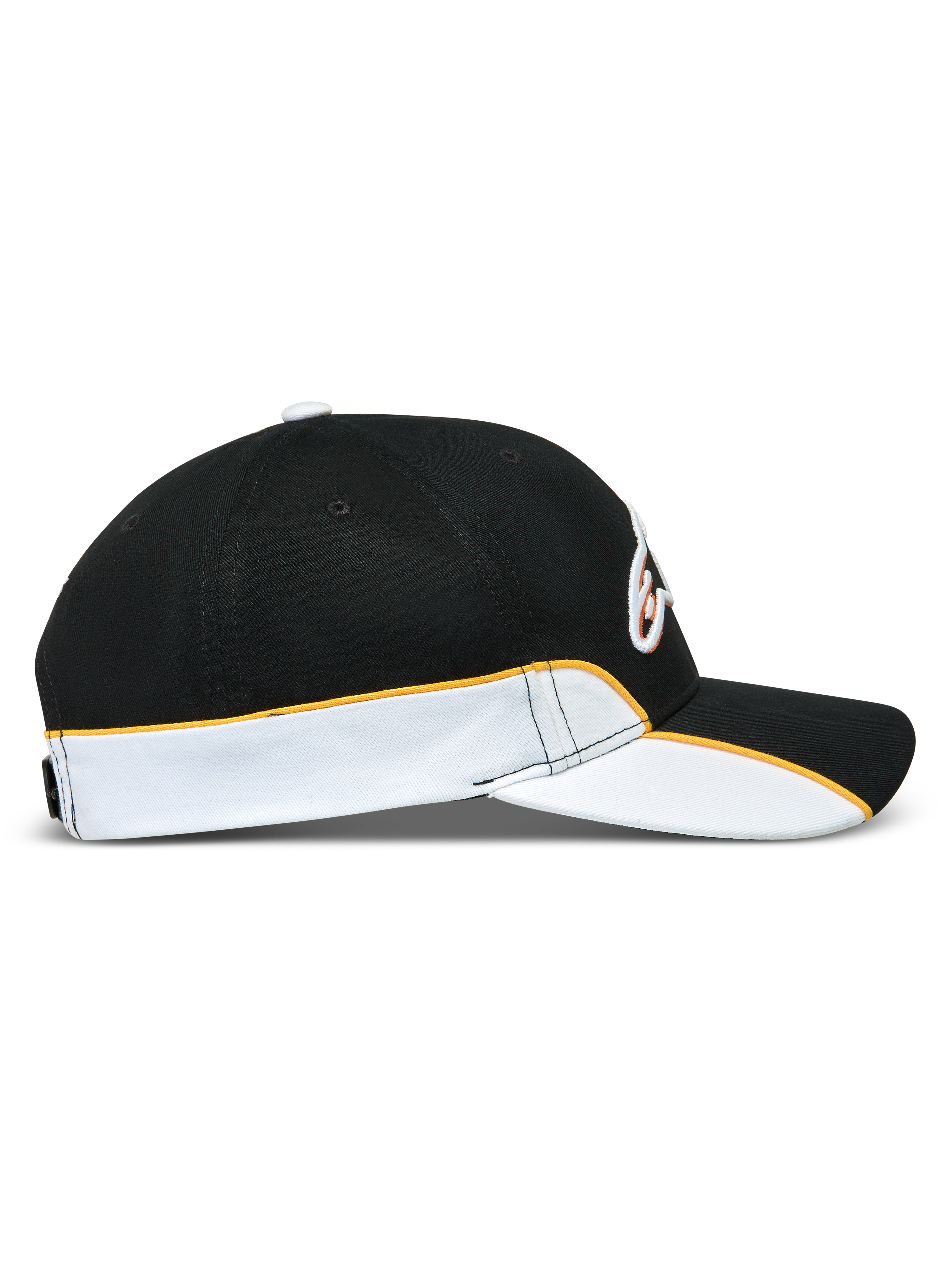Alpinestars 500 Snapback Hat, Motorsport-inspired Sportswear Baseball Cap, Black and White with orange trim, side profile showing curved bill, structured crown, and contrast piping detail.