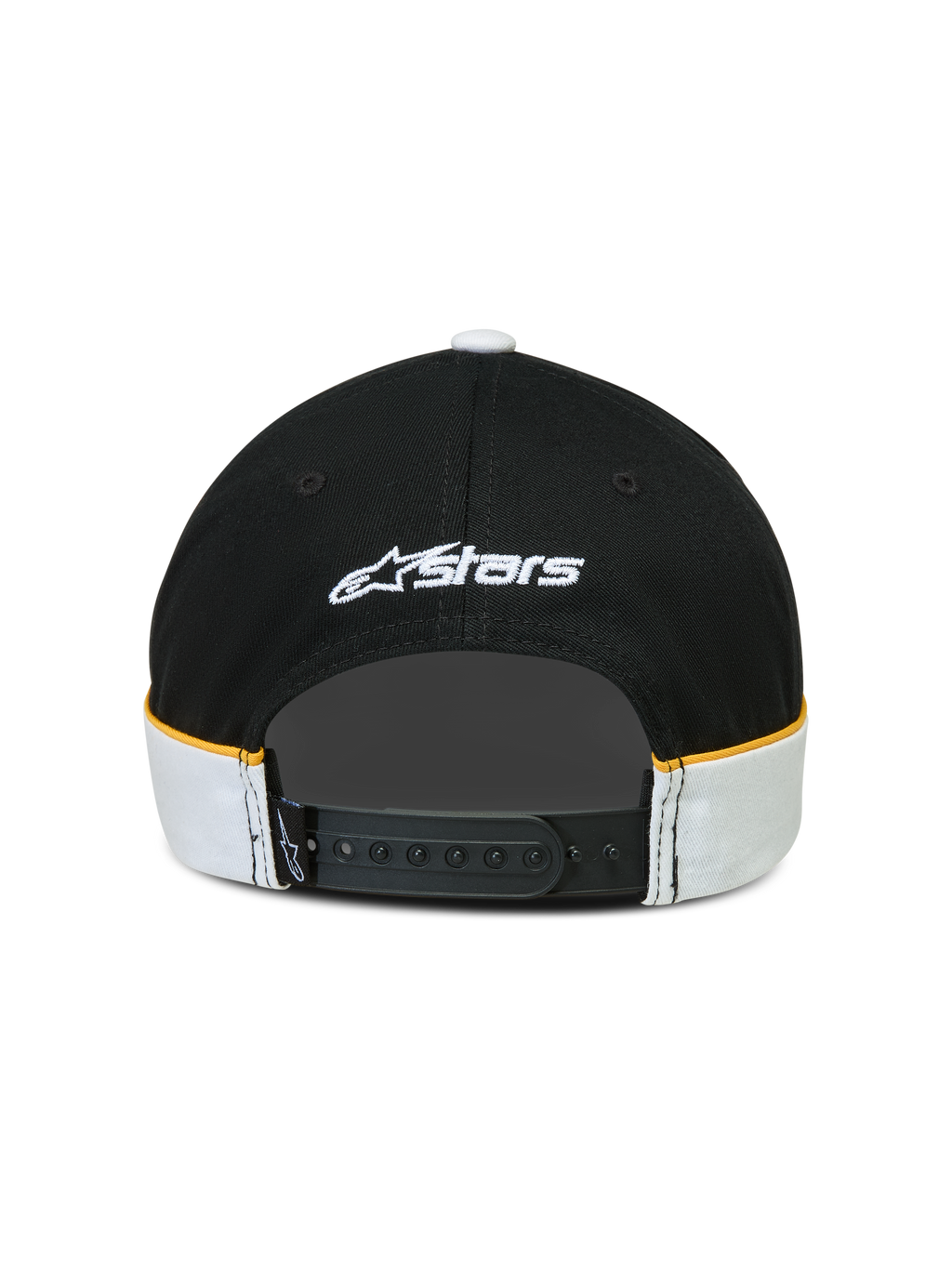 Alpinestars 500 Snapback Hat, Sportswear Lifestyle Cap, Black and White with Yellow Accents, Adjustable Snapback Closure, Rear View showing white Astars logo embroidery and cut-and-sew detailing with contrast piping