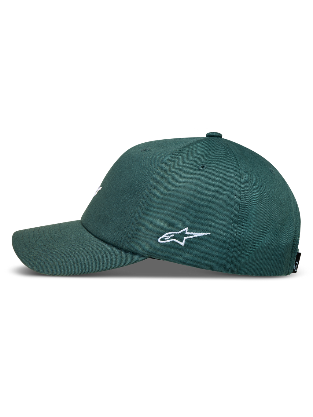 Alpinestars Explorer Strapback Hat in green, side view showing white logo embroidery, curved bill, and structured crown.