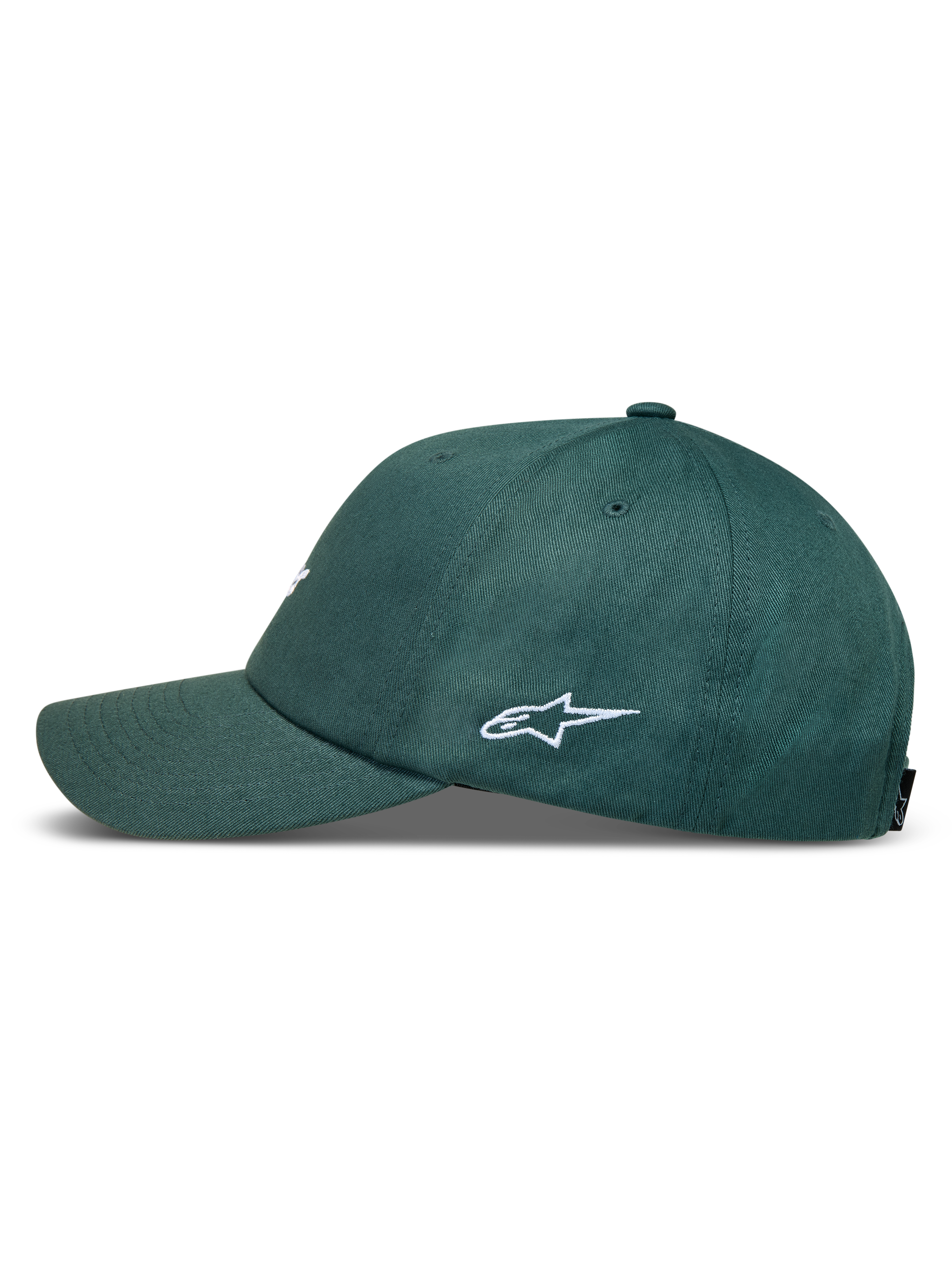 Alpinestars Explorer Strapback Hat in green, side view showing white logo embroidery, curved bill, and structured crown.