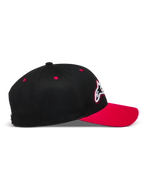 Alpinestars Retro Snapback Hat, Black and Red Sportswear Cap, profile view with curved bill and structured twill crown.