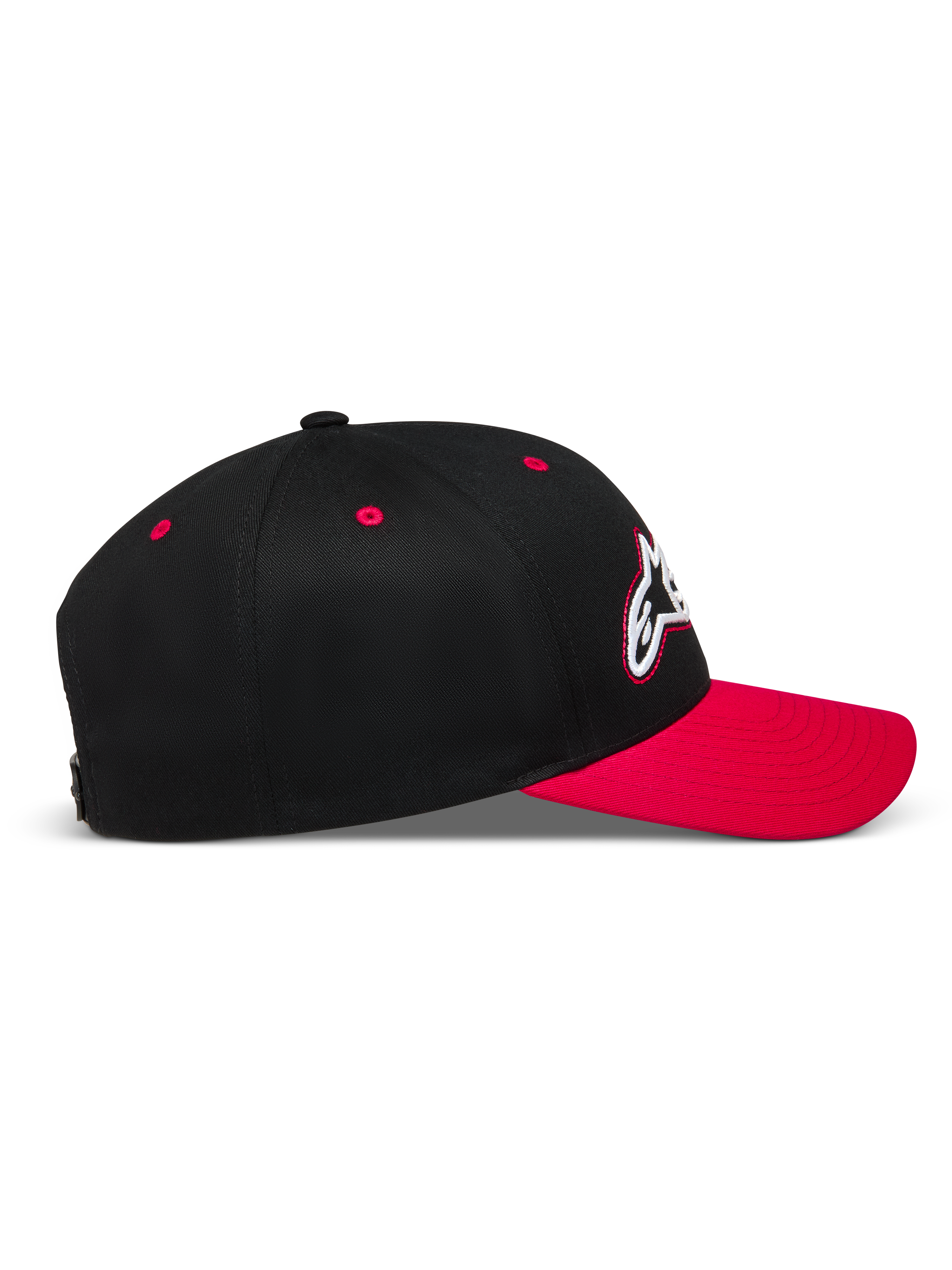 Alpinestars Retro Snapback Hat, Black and Red Sportswear Cap, profile view with curved bill and structured twill crown.