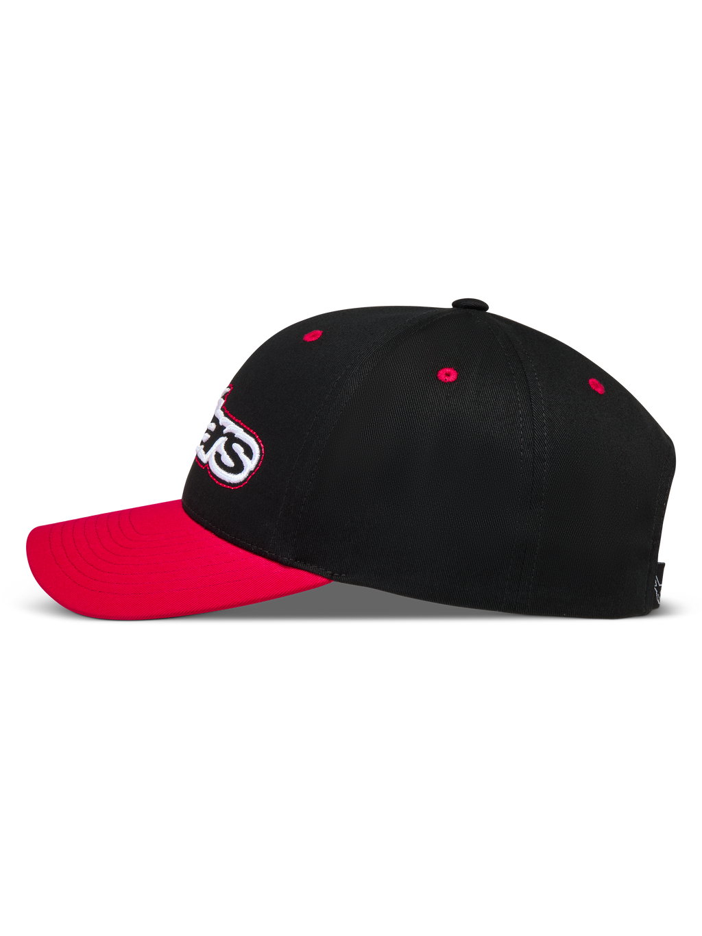 Alpinestars Retro Snapback Hat, black and red sportswear cap with a curved bill and structured twill crown.