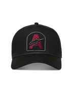 Alpinestars Acme Snapback Hat, black cotton twill cap with a burgundy Astars logo patch and rope trim detail.