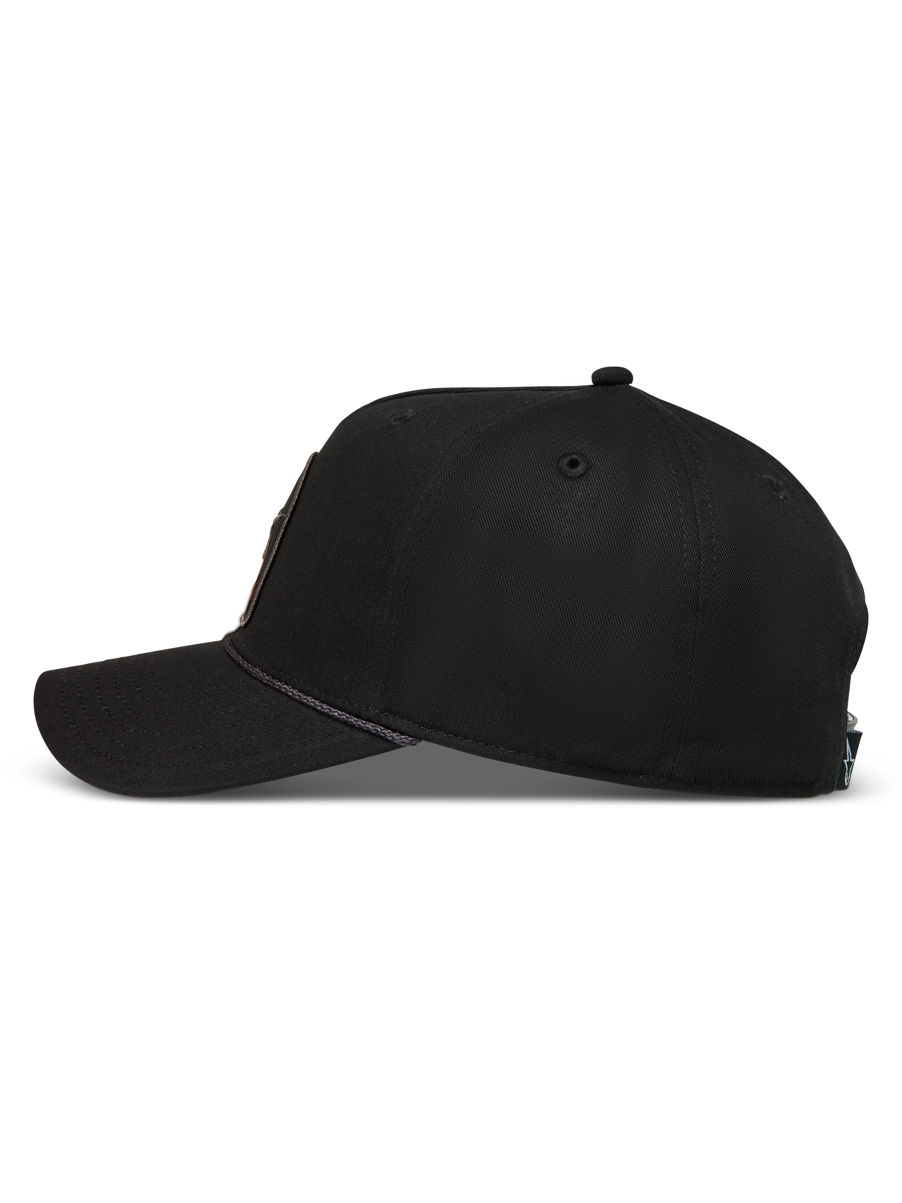 Alpinestars Acme Snapback Hat, Black Sportswear Cap featuring a Structured Crown, Curved Bill, and unique Rope Trim detail.