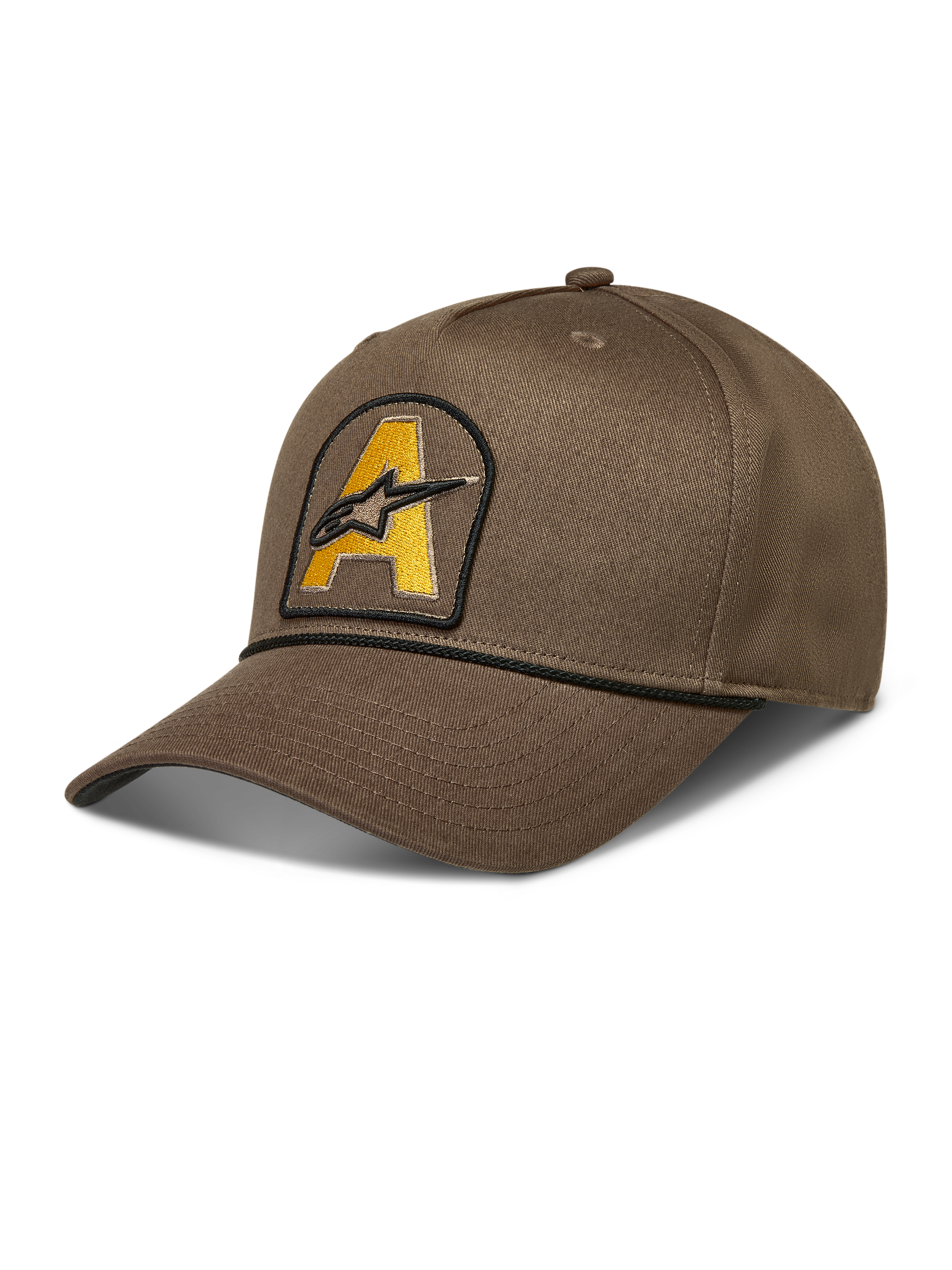 Alpinestars Acme Snapback Hat, walnut brown sportswear cap with a curved bill and yellow Astars logo patch featuring black rope trim.