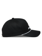 Alpinestars Combo Logo Snapback Hat, Black Sportswear Baseball Cap, Side Profile with Curved Bill and White Rope Detail