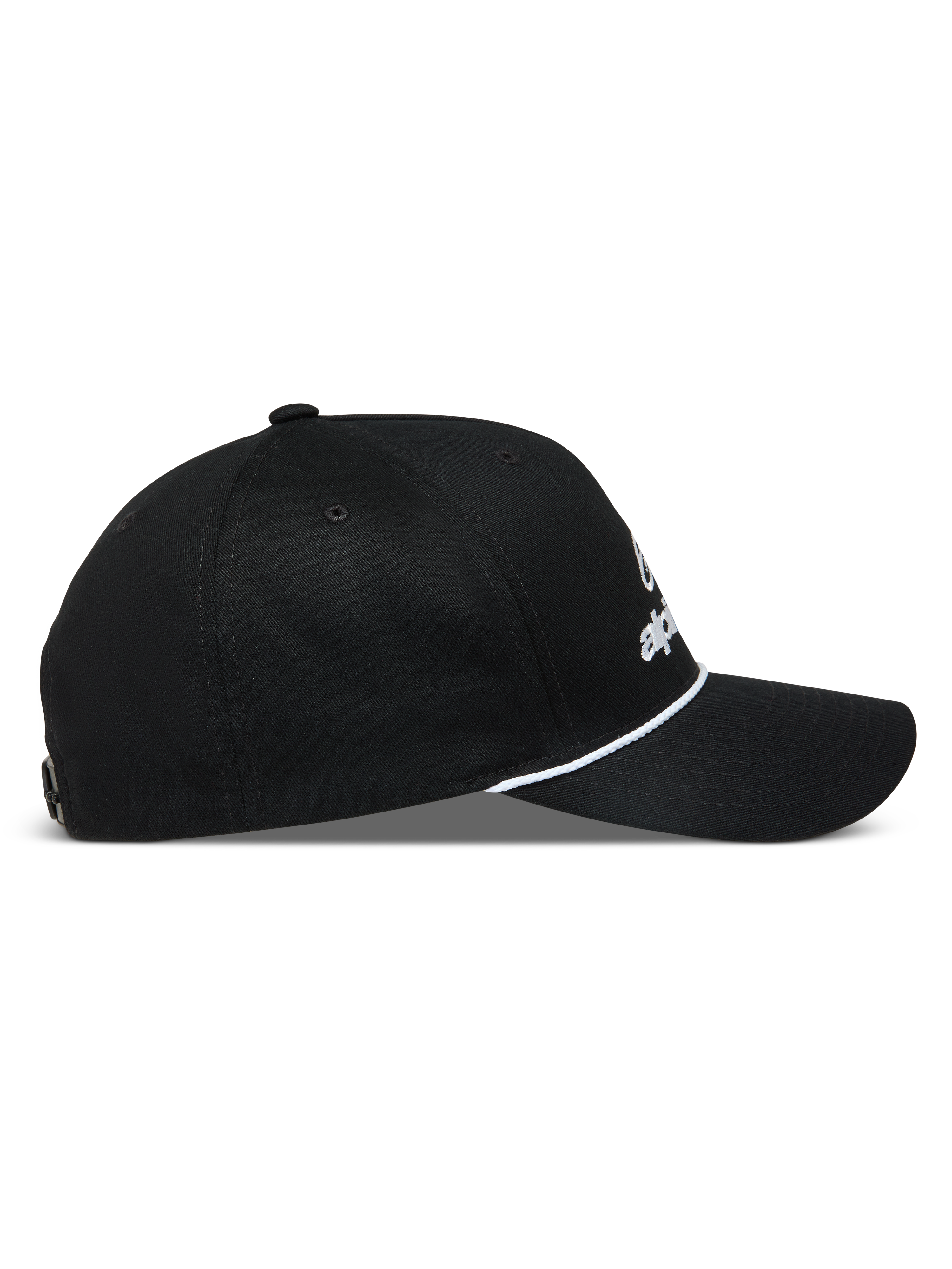Alpinestars Combo Logo Snapback Hat, Black Sportswear Baseball Cap, Side Profile with Curved Bill and White Rope Detail