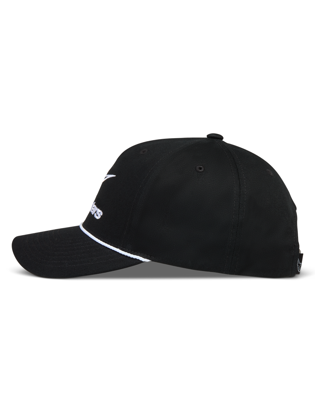Alpinestars Combo Logo Snapback Hat, black sportswear cap with a curved bill, white rope detail, and structured crown.
