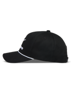 Alpinestars Combo Logo Snapback Hat, black sportswear cap with a curved bill, white rope detail, and structured crown.