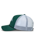 Alpinestars Baron Trucker Hat, Green and White Sportswear Cap, side view with structured twill and mesh back.
