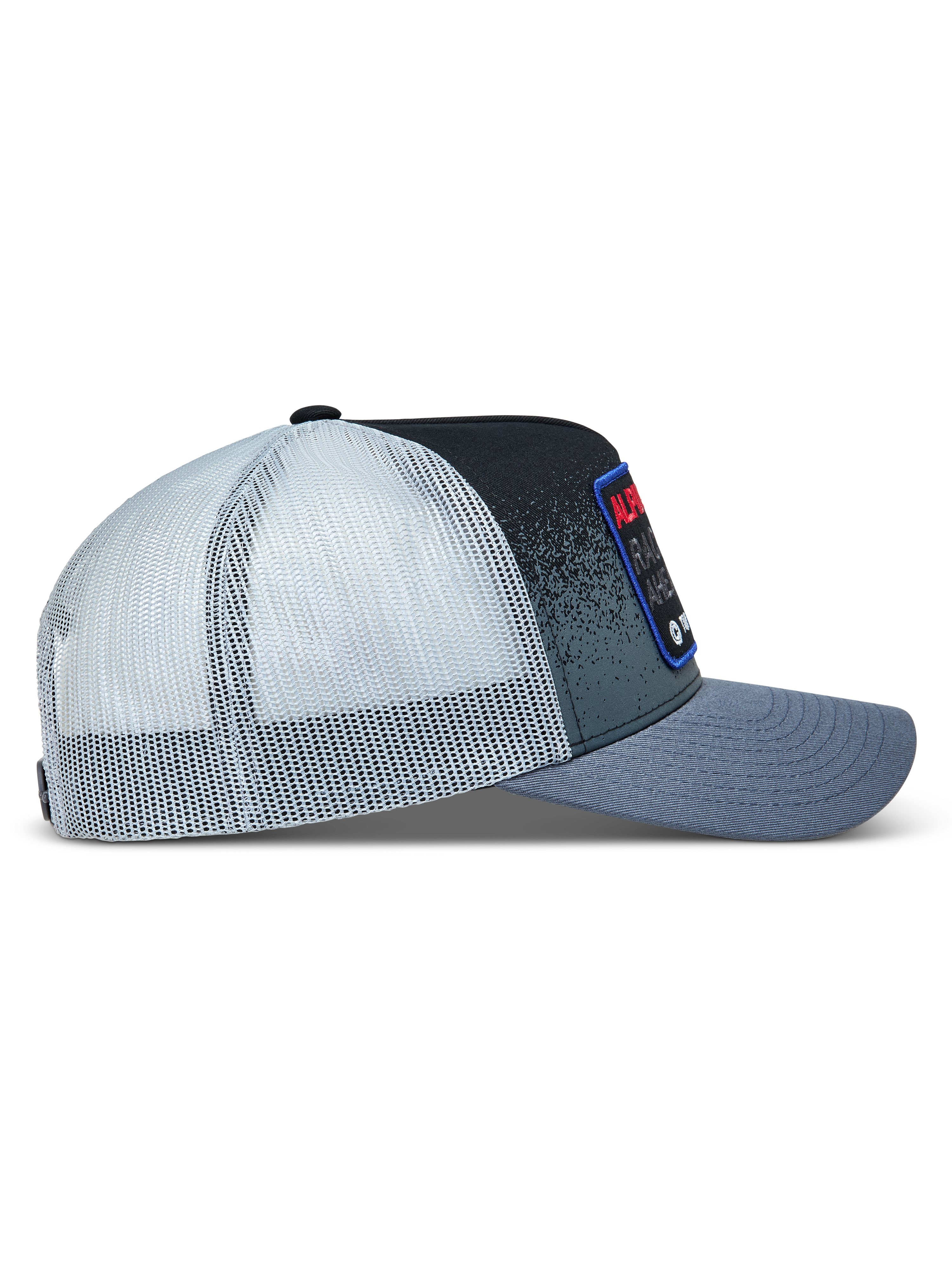 Alpinestars Gravel Trucker Hat, gray and black curved bill cap with white mesh back and side woven patch.