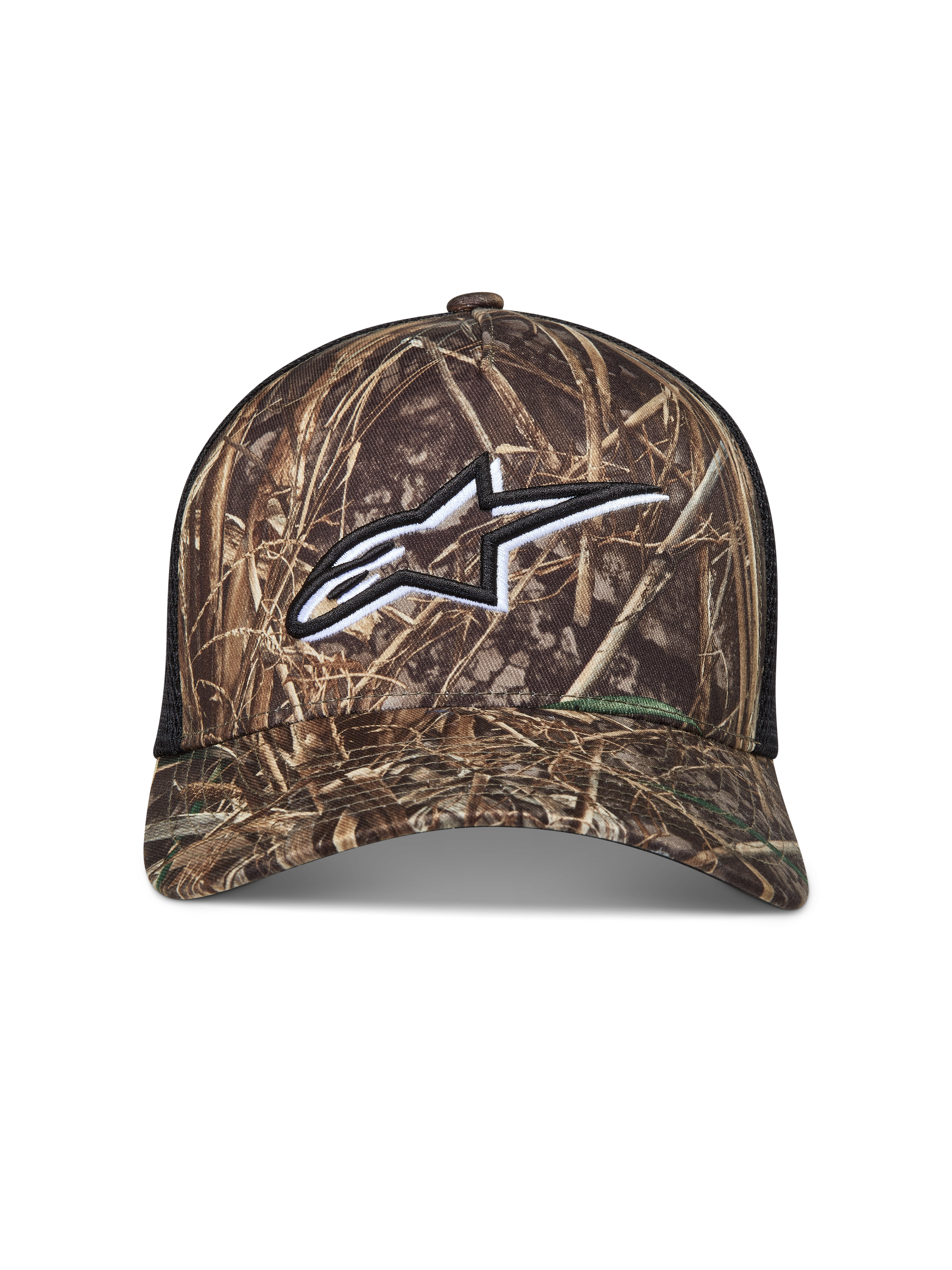 Alpinestars Thicket Realtree Trucker Hat, camo and black sportswear cap with a white embroidered logo and mesh back.