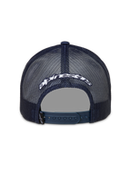Alpinestars Meteorite Trucker Hat, Navy Blue mesh back sportswear cap with white embroidered logo and snapback closure.
