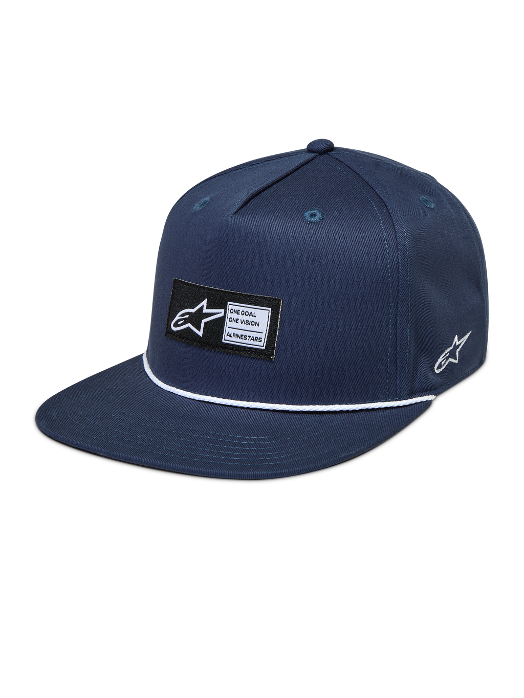 Alpinestars Label Snapback Hat, Navy Blue sportswear cap with a flat bill, woven logo patch, and white rope detail.