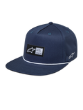 Alpinestars Label Snapback Hat, Navy Blue sportswear cap with a flat bill, woven logo patch, and white rope detail.