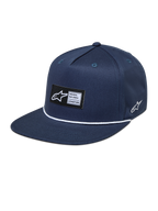 Alpinestars Label Snapback Hat, Navy Blue sportswear cap with a flat bill, woven logo patch, and white rope detail.