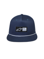 Alpinestars Label Snapback Hat, navy blue twill cap with flat bill and white rope detail, featuring a woven logo patch.