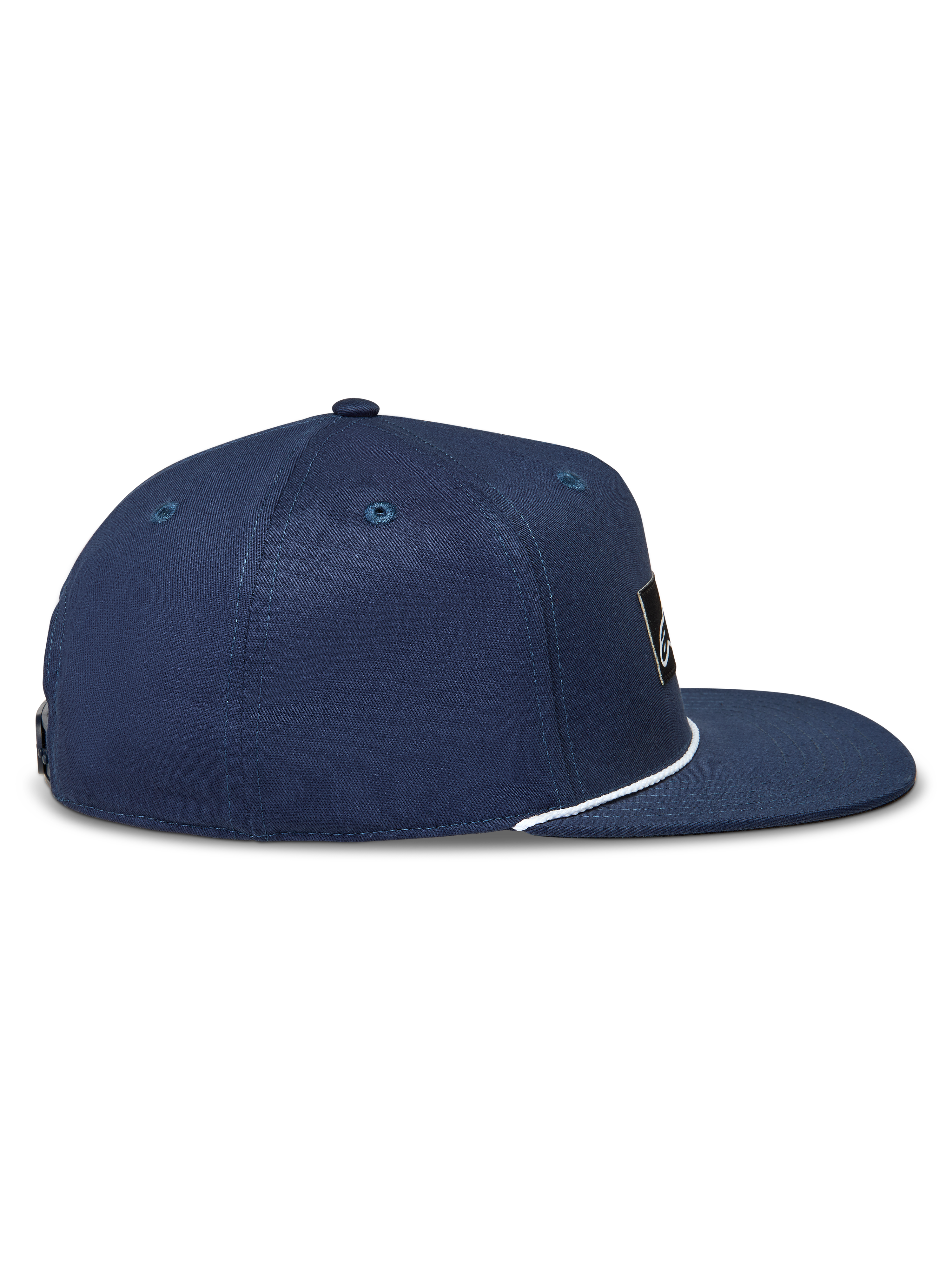 Alpinestars Label Snapback Hat, Navy Blue Twill Sportswear Cap, Side View with Flat Bill and White Rope Detail.