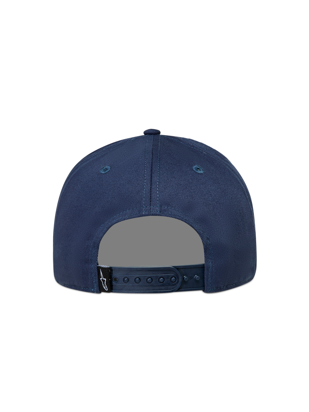 Alpinestars Label Snapback Hat, Navy Blue Sportswear Cap, Unisex Cotton Twill, Rear View with Adjustable Snapback Closure.