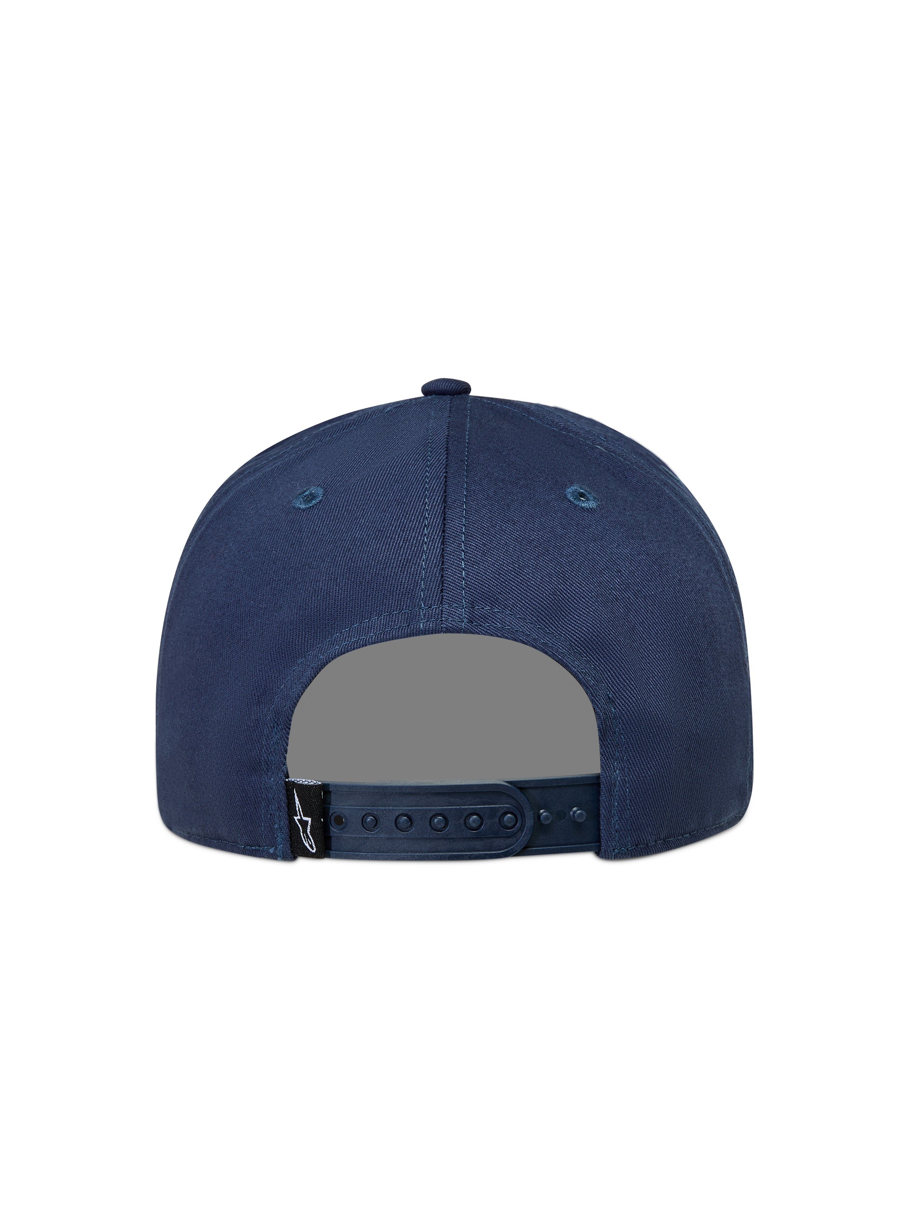 Alpinestars Label Snapback Hat, Navy Blue Sportswear Cap, Unisex Cotton Twill, Rear View with Adjustable Snapback Closure.