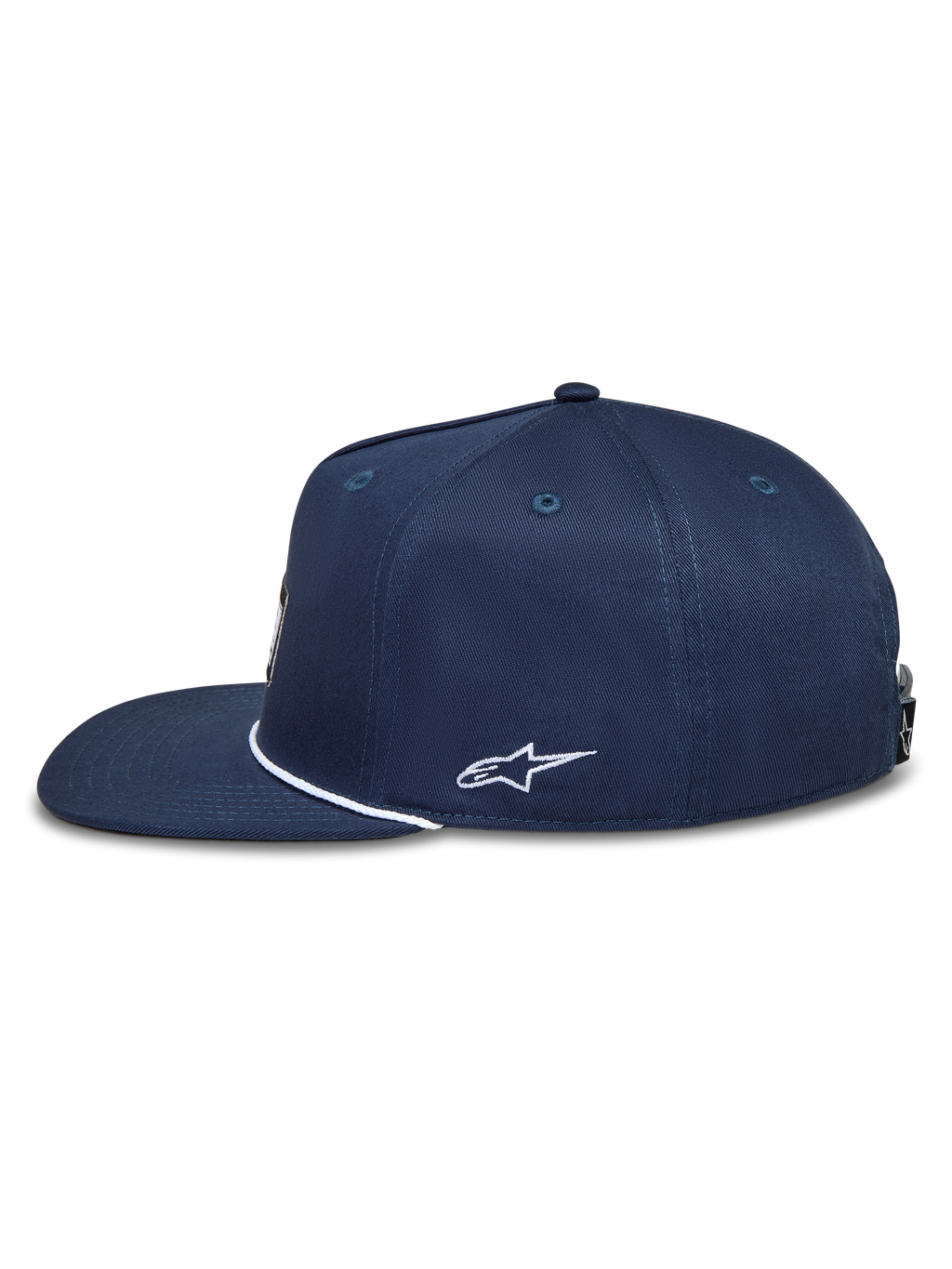 Alpinestars Label Snapback Hat, Navy Blue Sportswear Cap with flat bill and white Astars logo embroidery on the side.
